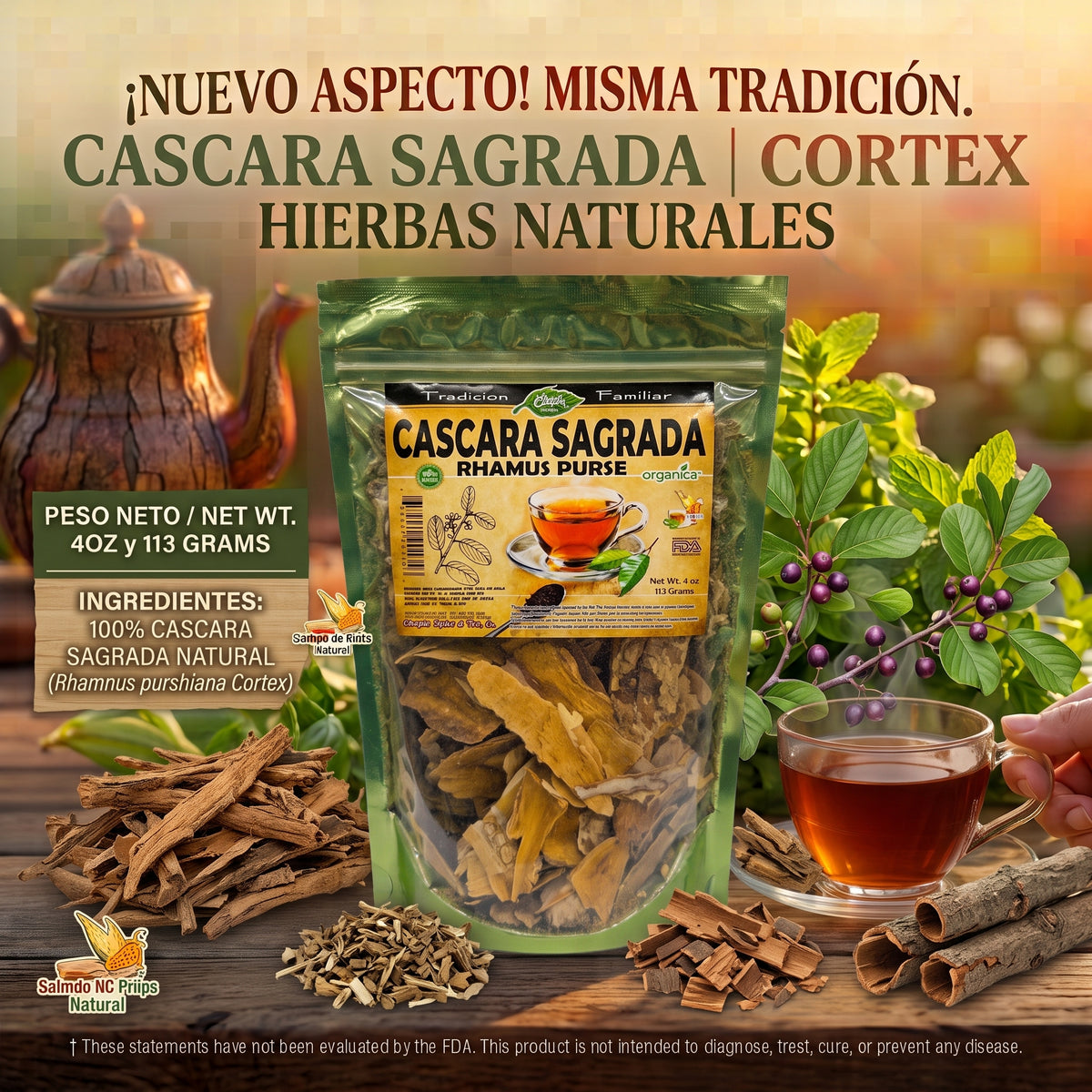Cáscara Sagrada 100% Natural | 4 oz (113 g) | Rhamnus purshiana | Corteza Ancestral