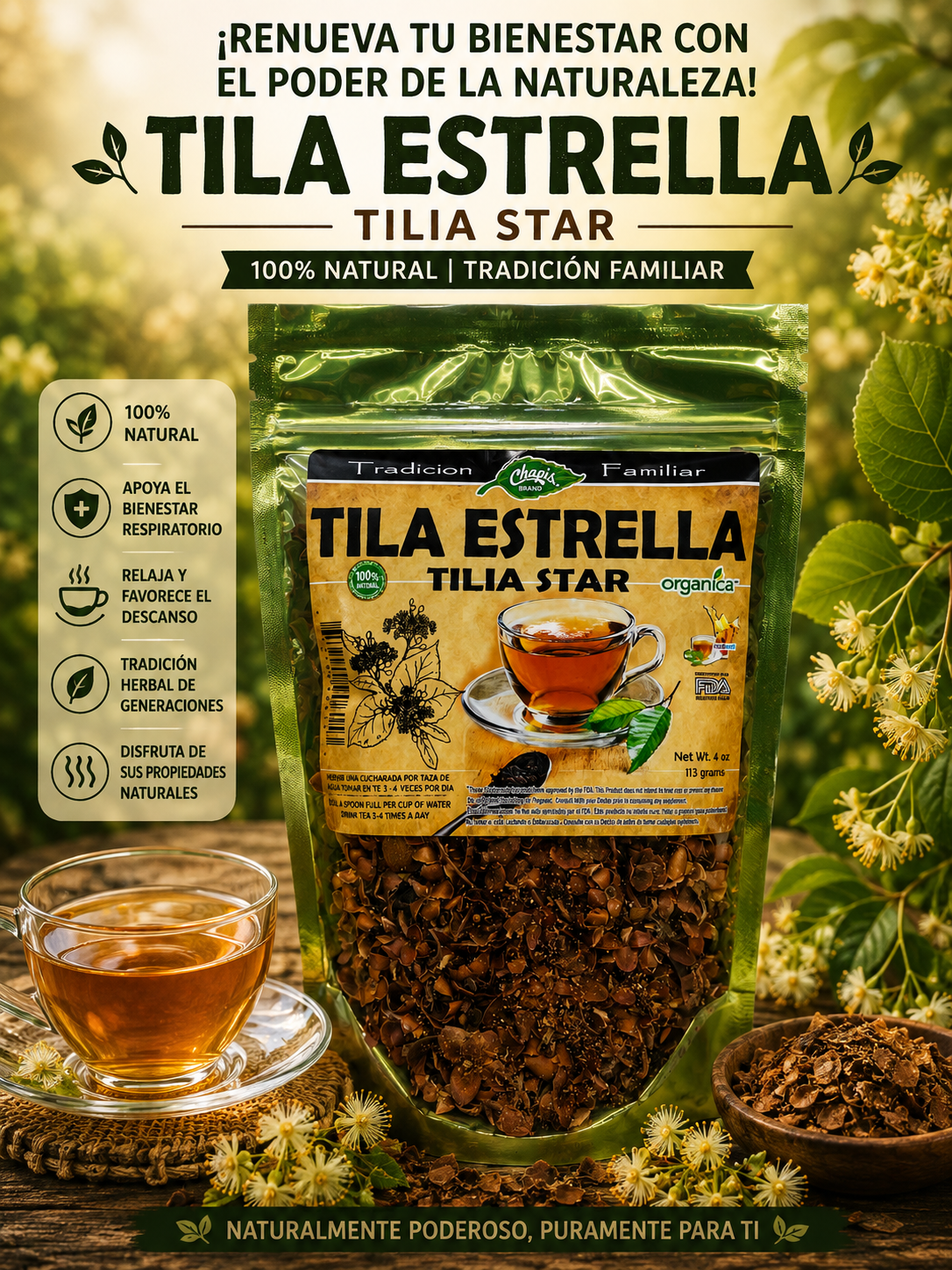 Tila Estrella (Tilia) 100% Natural | 4 oz (113 g) | Tilia spp. | Flor Ancestral Multiuso