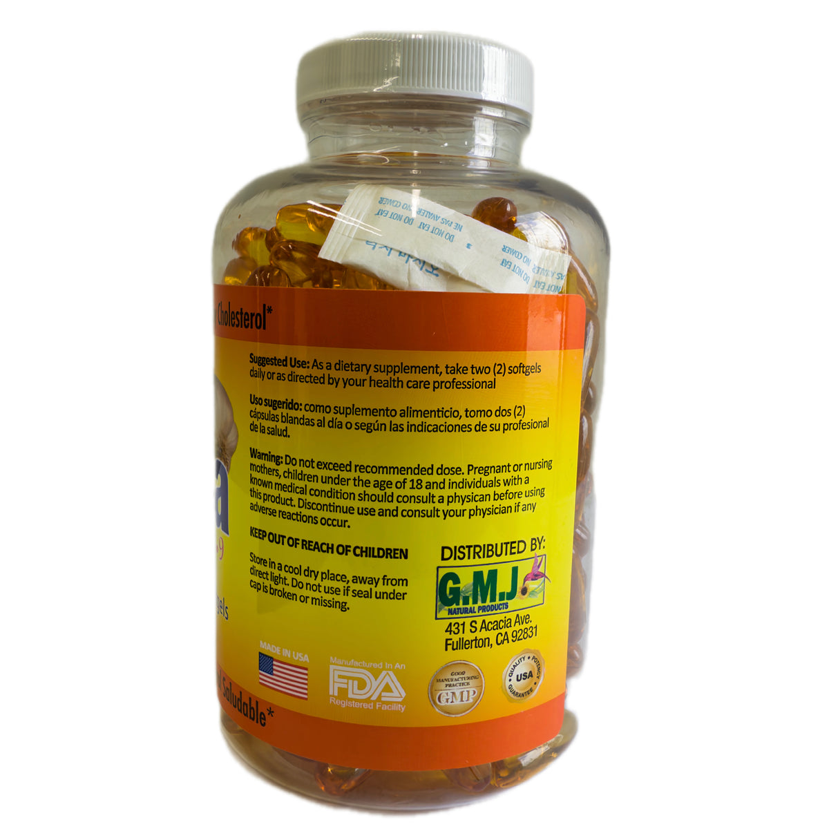 Frasco de Omega 3-6-9 con ajo, vista trasera con modo de uso y advertencias