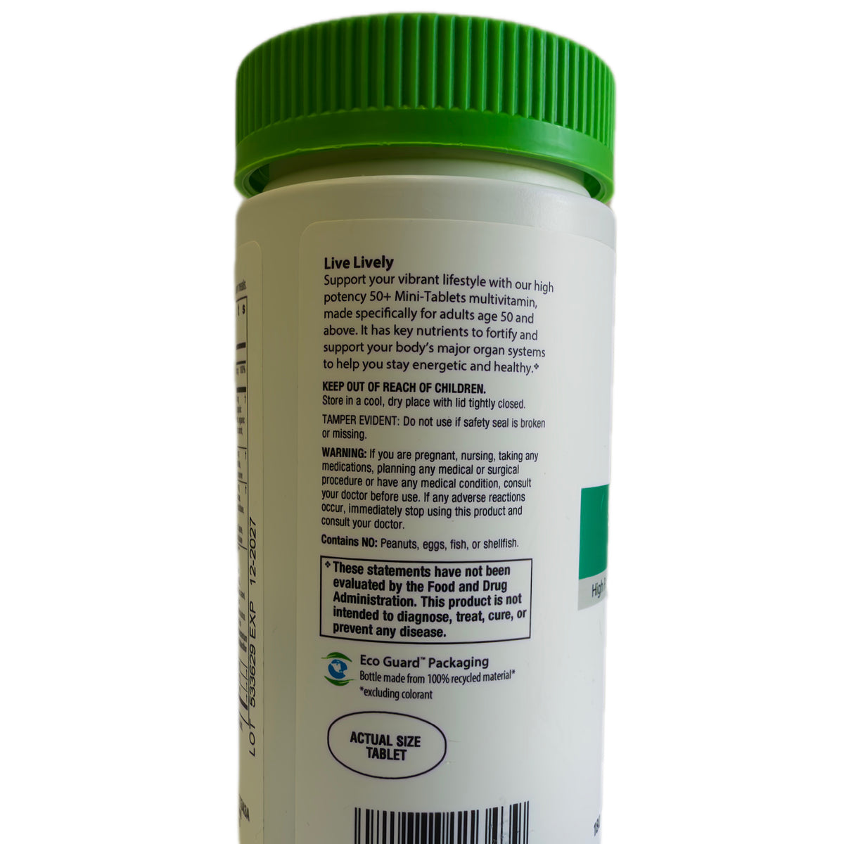 Frasco de Rainbow Light 50+ Mini-Tablets, vista lateral con advertencias y vencimiento
