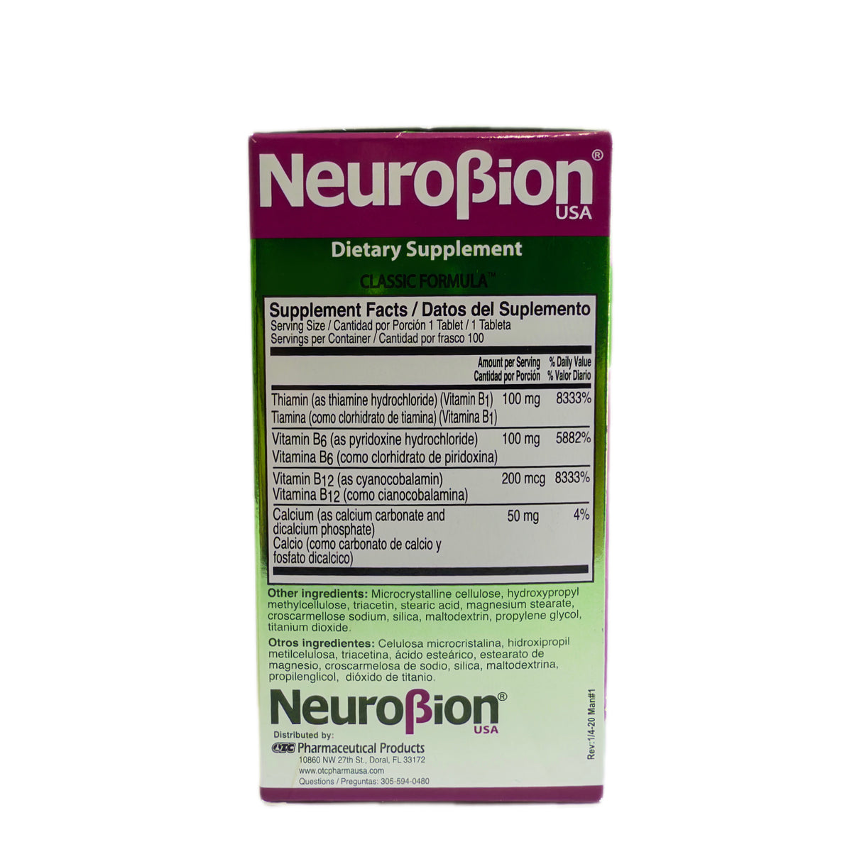 Neurobion USA – Vitaminas B1, B6 y B12 con Calcio – Fórmula Clásica de Alta Potencia – 100 Tabletas