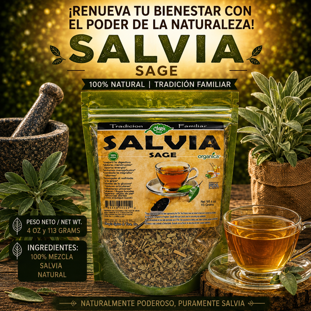 Salvia (Sage) 100% Natural | 4 oz (113 g) | Salvia officinalis | Hierba Ancestral Multiuso