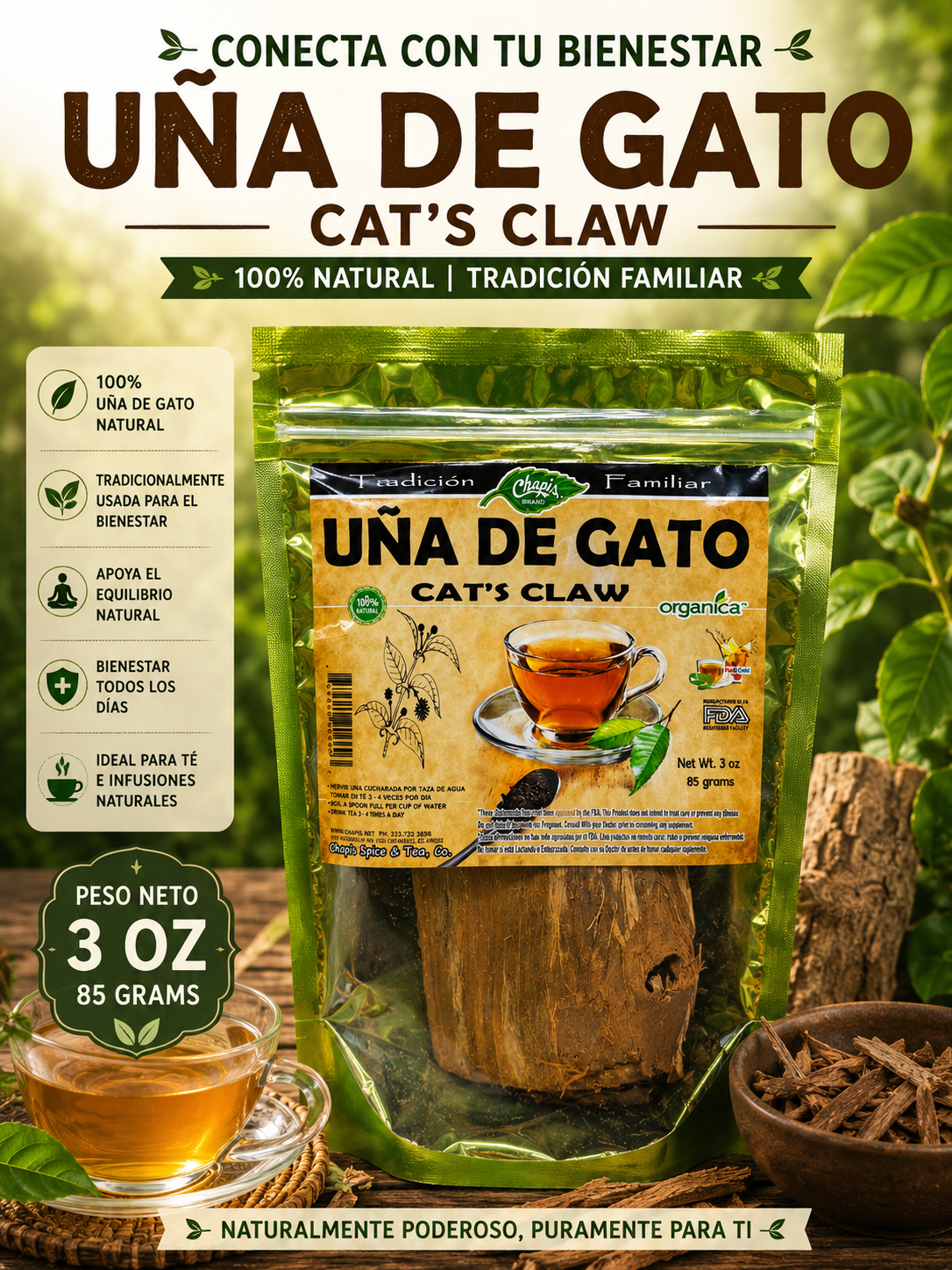 Uña de Gato (Cat's Claw) 100% Natural | 3 oz (85 g) | Uncaria tomentosa | Corteza Tradicional
