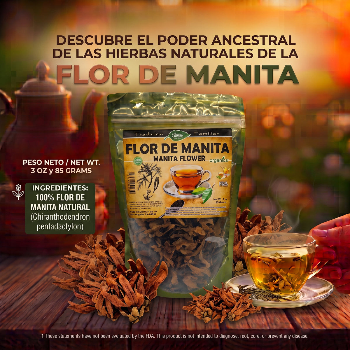 Flor de Manita (Manita Flower) 100% Natural | 3 oz (85 g) | Chiranthodendron pentadactylon | Flor Ancestral Mexicana