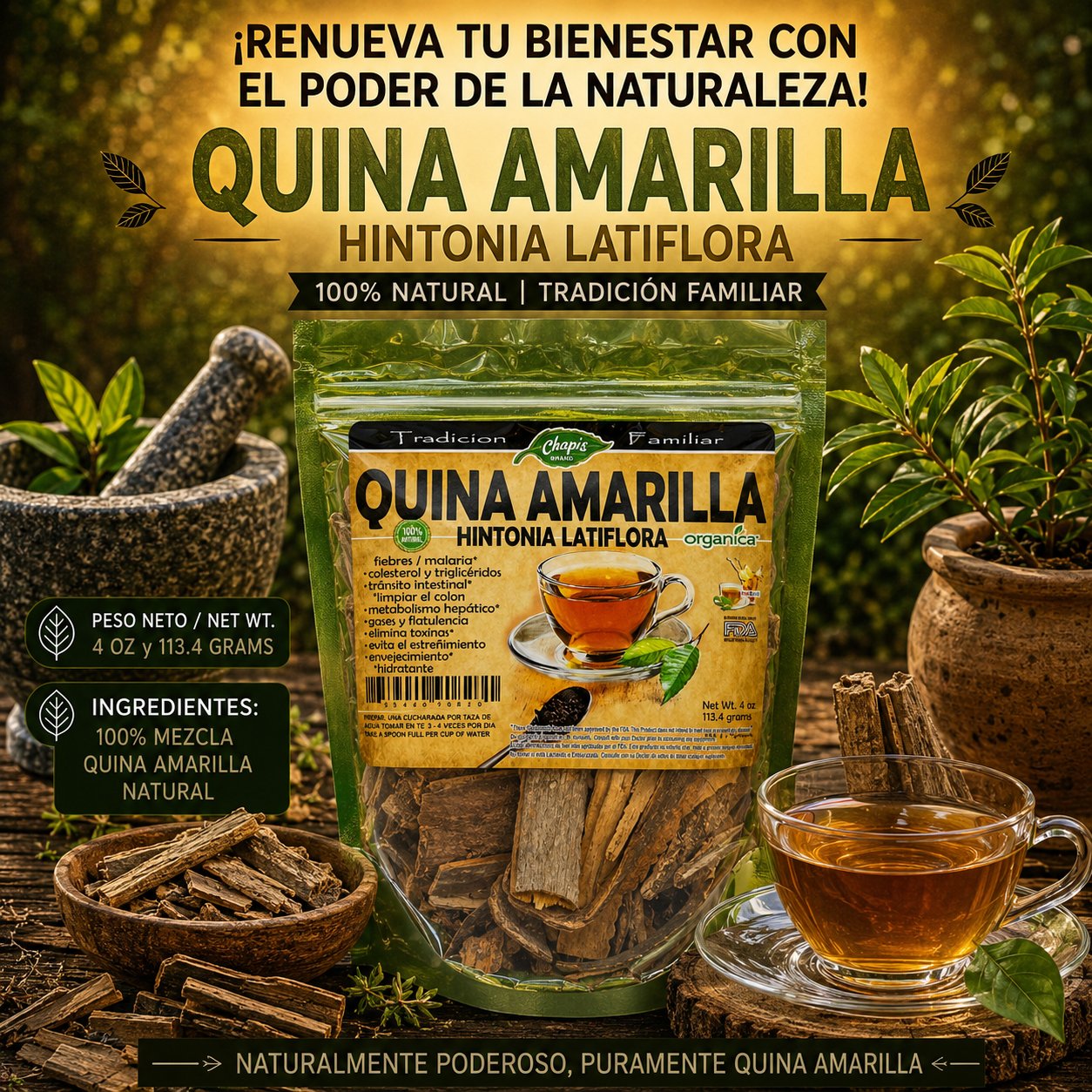 Quina Amarilla 100% Natural | 4 oz (113 g) | Hintonia latiflora | Corteza Ancestral Mexicana