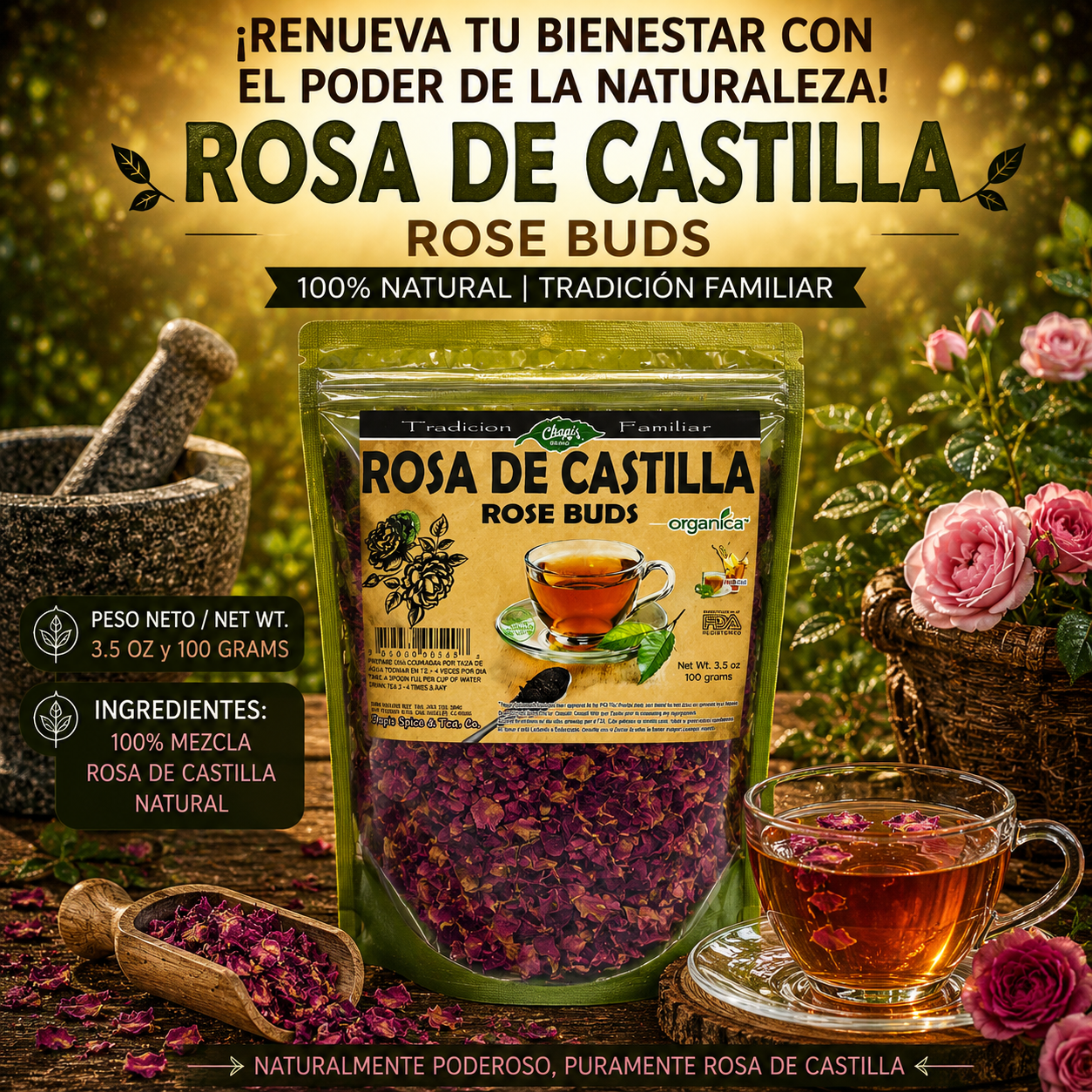 Rosa de Castilla (Rose Buds) 100% Natural | 3.5 oz (100 g) | Botones de Rosa Tradicionales