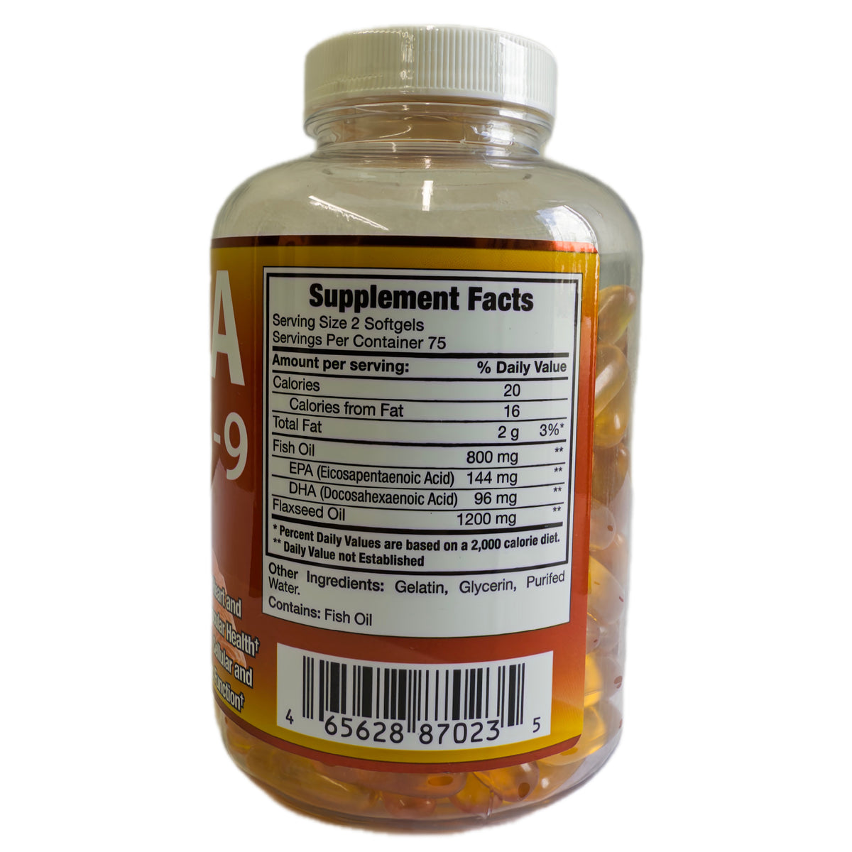 Frasco de Omega 3-6-9, vista trasera con Supplement Facts
