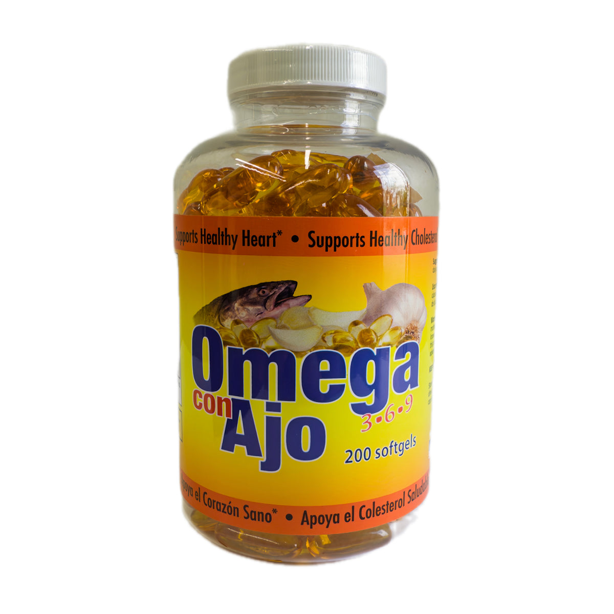 Frasco de Omega 3-6-9 con ajo, 200 softgels, vista frontal