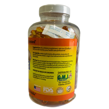 Frasco de Omega 3-6-9 con ajo, vista trasera con modo de uso y advertencias
