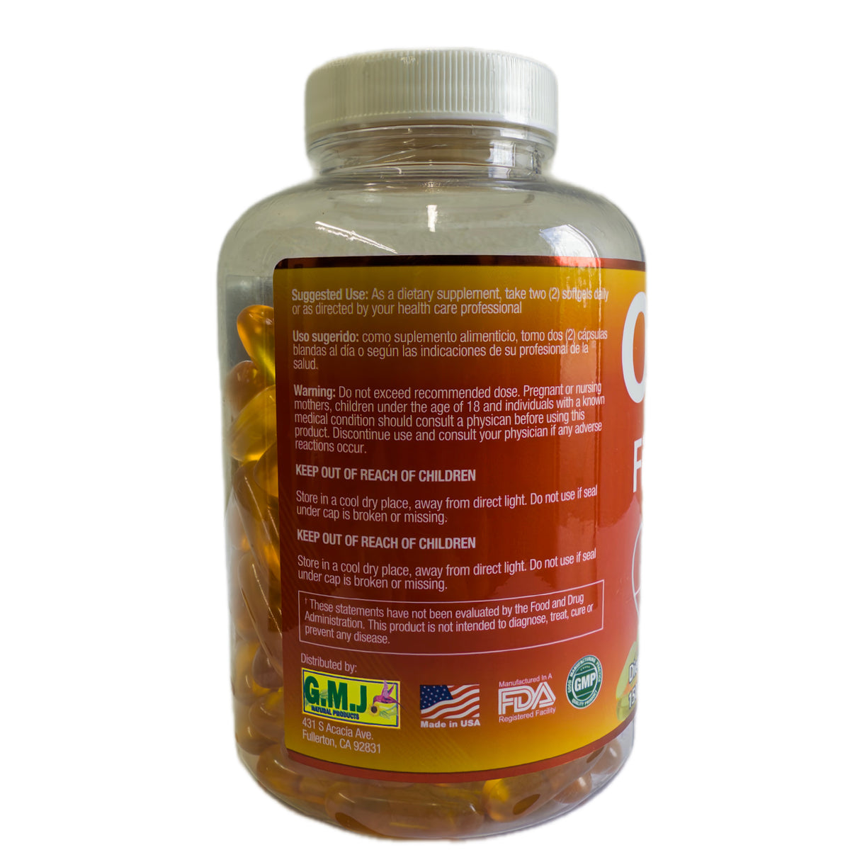 Frasco de Omega 3-6-9, vista lateral con modo de uso y advertencias