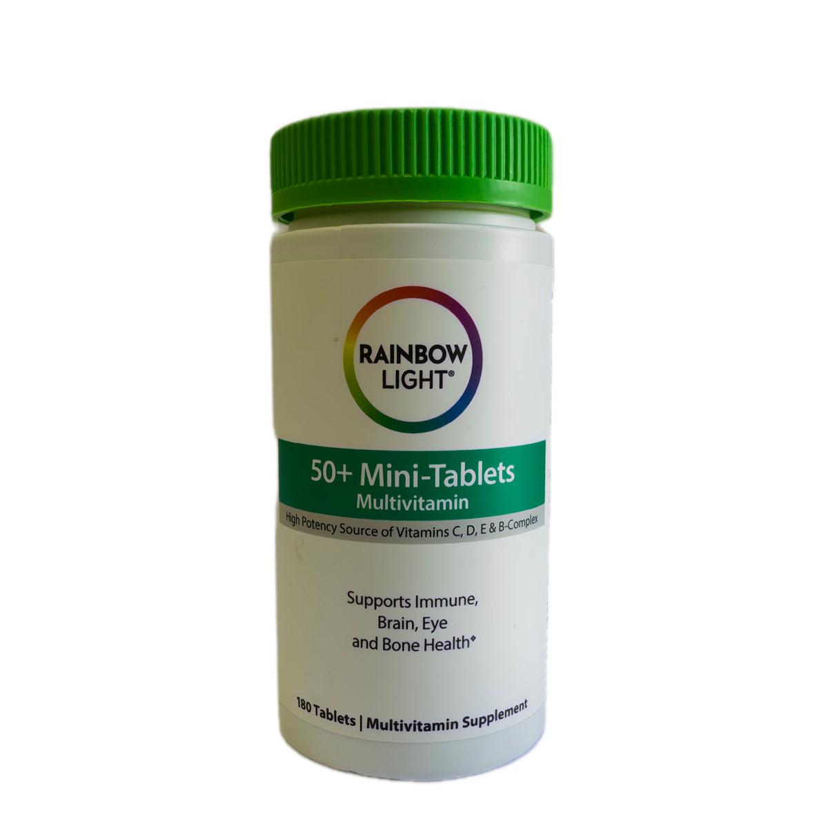 Frasco de Rainbow Light 50+ Mini-Tablets, multivitamínico, 180 tabletas, vista frontal