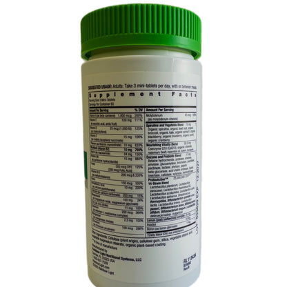 Frasco de Rainbow Light 50+ Mini-Tablets, vista trasera con Supplement Facts