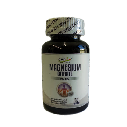 Frasco de citrato de magnesio 500 mg, 60 tabletas, vista frontal