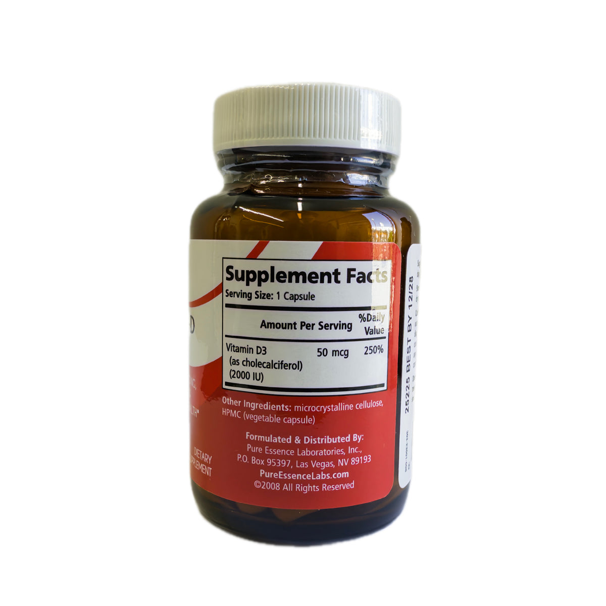 Frasco de vitamina D3, vista trasera con Supplement Facts y datos del responsable
