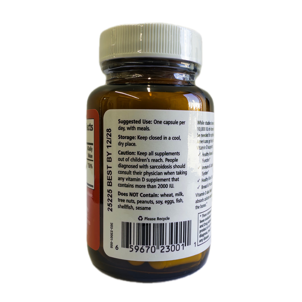 Frasco de vitamina D3, vista lateral con modo de uso y alérgenos