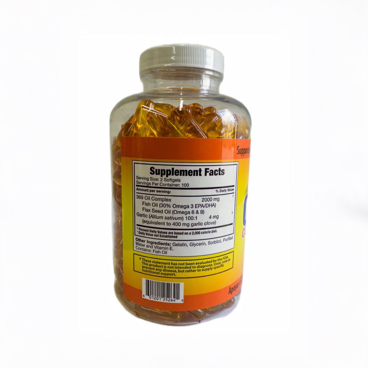 Panel de Supplement Facts de Omega 3-6-9 con ajo
