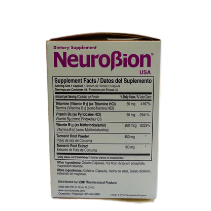 Neurobion USA – Vitaminas B1, B6 y B12 (Metilcobalamina) + Cúrcuma y Curcumina – 40 Cápsulas
