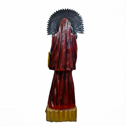 Santa Muerte Roja | Escultura Artesanal Pintada a Mano | 88.7" de Altura | Diseño con Búho y Globo Terráqueo
