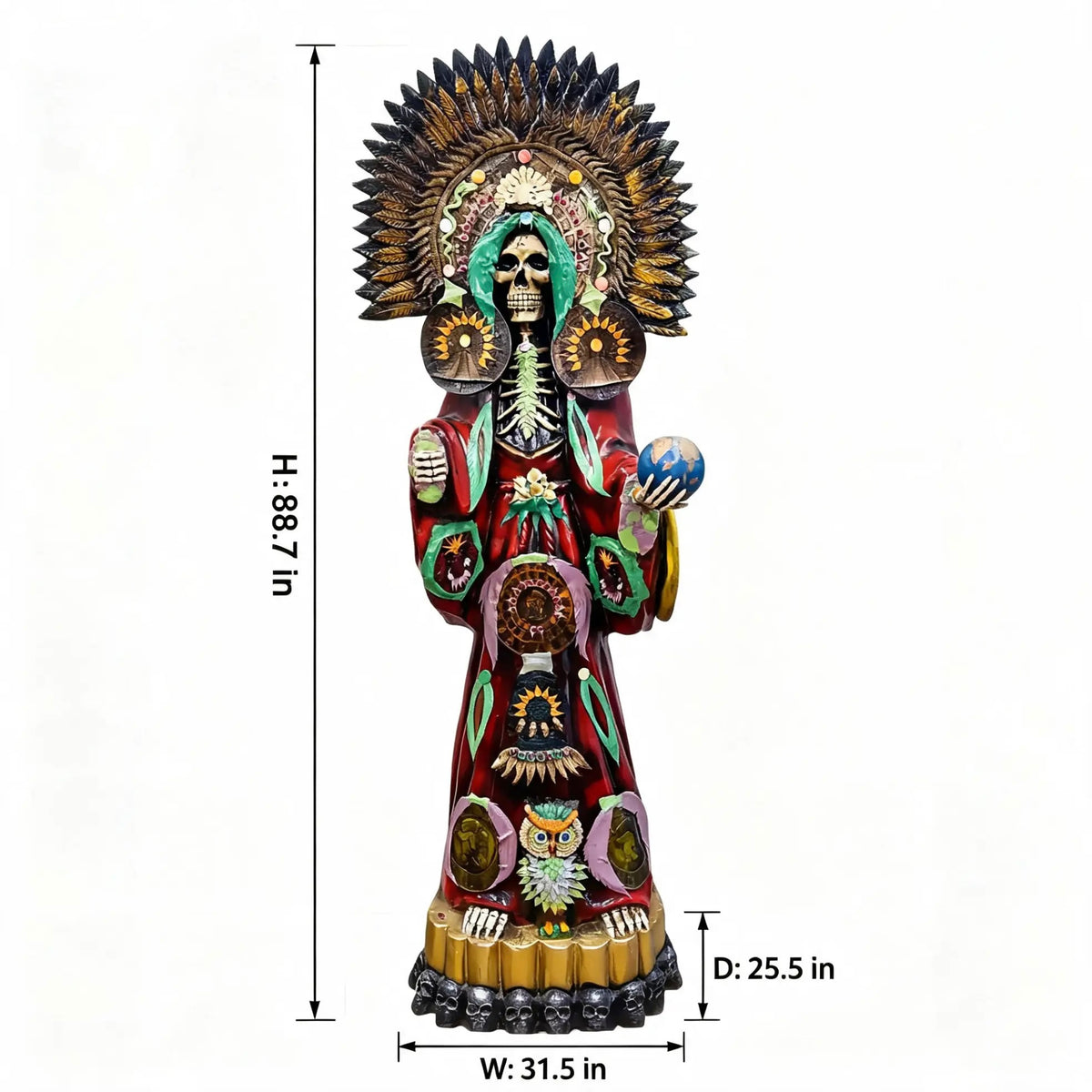 Santa Muerte Roja | Escultura Artesanal Pintada a Mano | 88.7" de Altura | Diseño con Búho y Globo Terráqueo