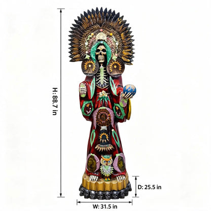 Santa Muerte Roja | Escultura Artesanal Pintada a Mano | 88.7" de Altura | Diseño con Búho y Globo Terráqueo