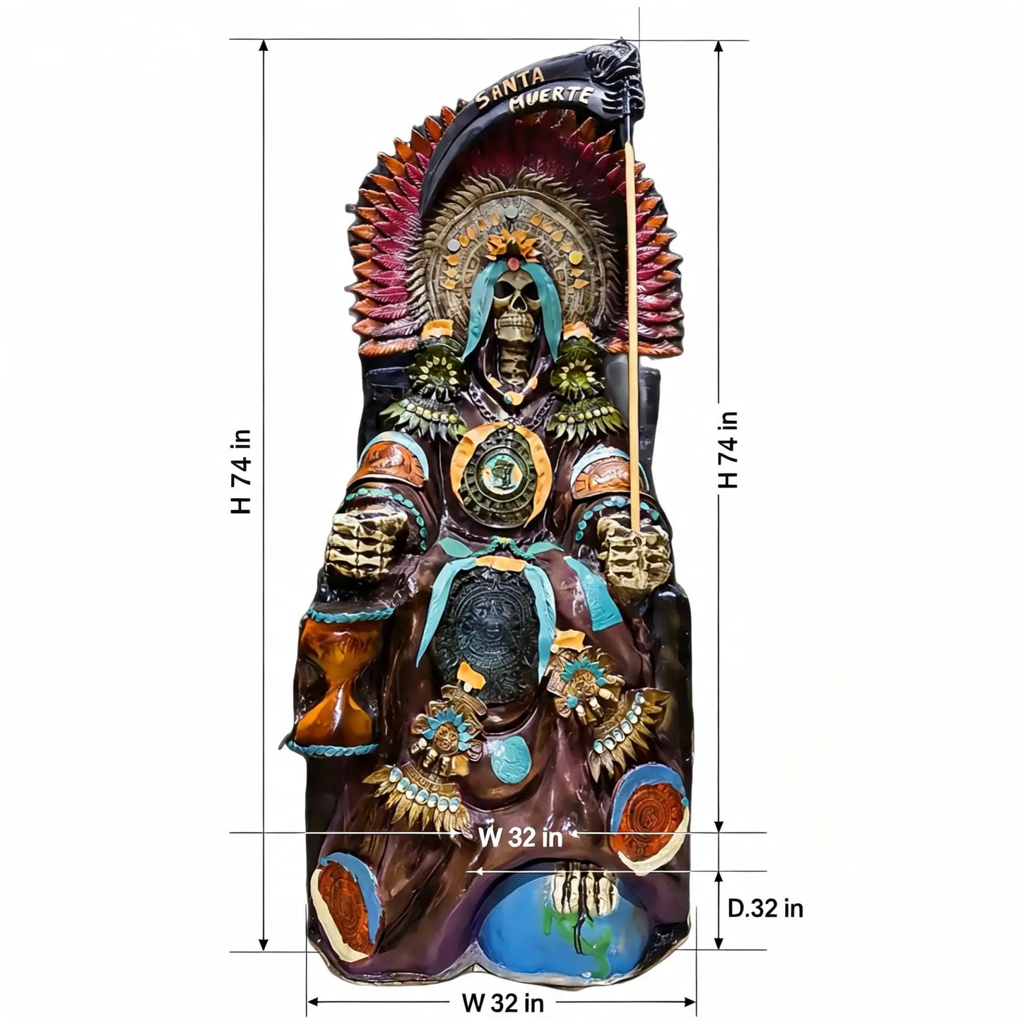 Santa Muerte Azteca | Escultura Artesanal Pintada a Mano | 74" de Altura