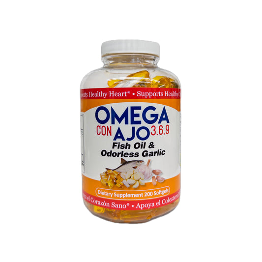 Omega con Ajo 3.6.9 — Aceite de Pescado y Ajo Inodoro, 200 cápsulas blandas