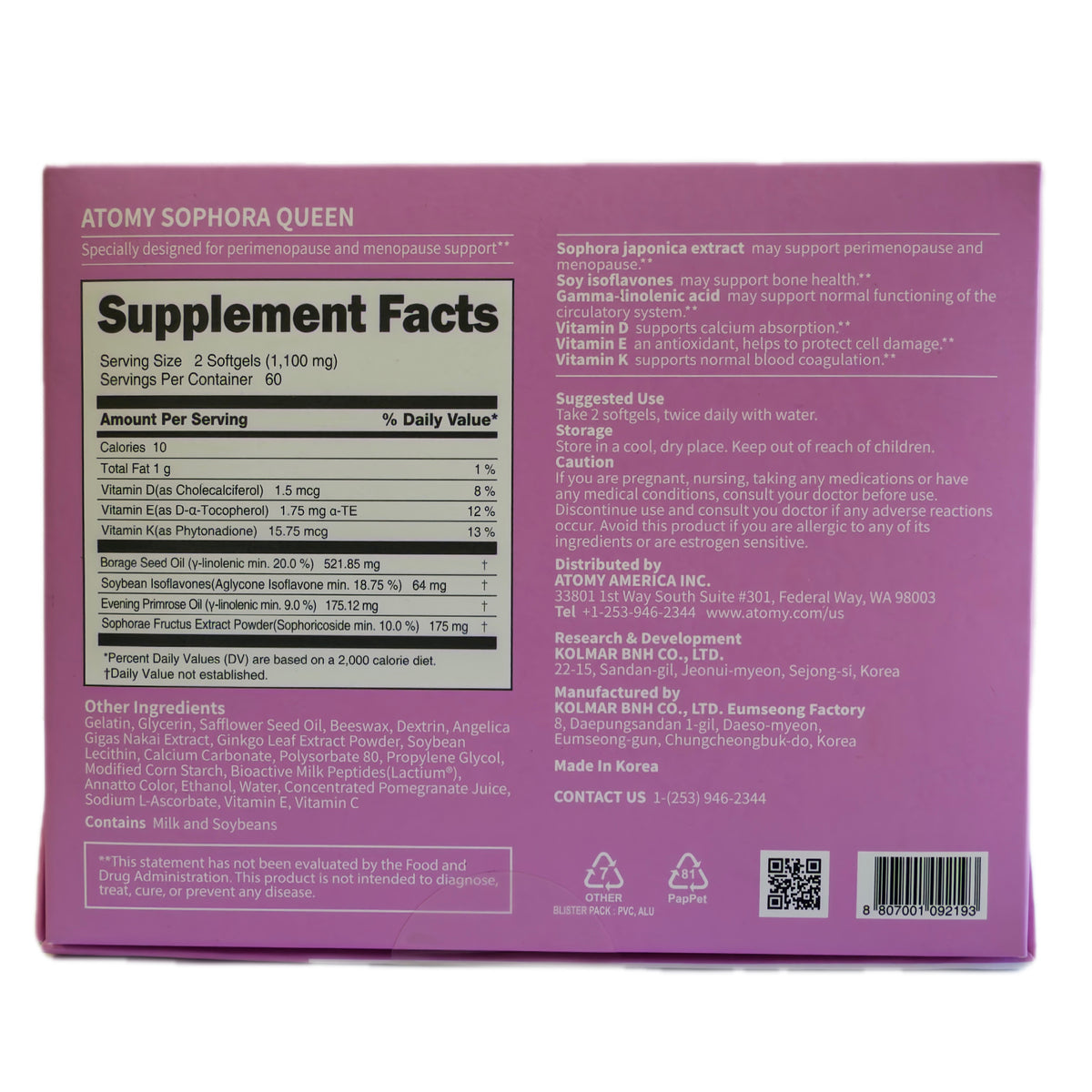 Sophora Queen – Complejo multivitamínico para la etapa de perimenopausia y menopausia – Isoflavonas de soya, Sophora, Onagra y Borraja – 120 cápsulas blandas