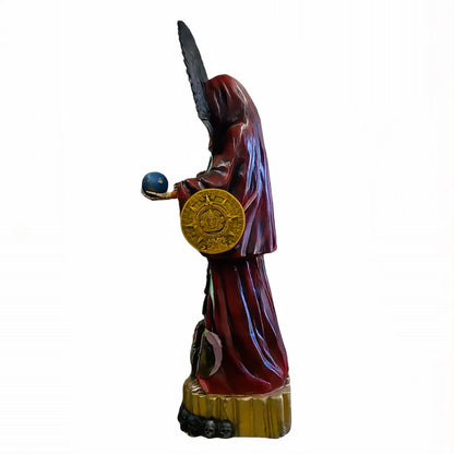 Santa Muerte Roja | Escultura Artesanal Pintada a Mano | 88.7" de Altura | Diseño con Búho y Globo Terráqueo